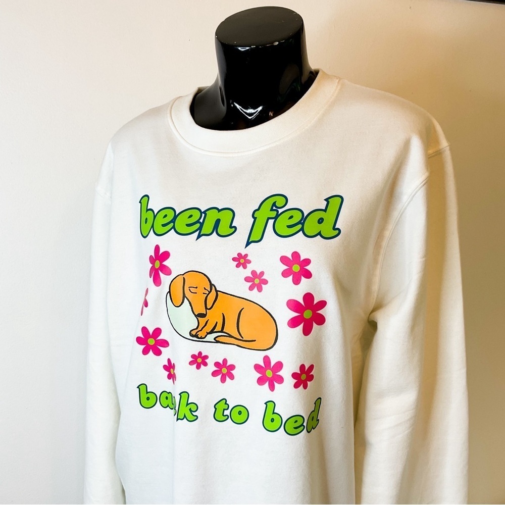 HANDMADE Doxie "Been Fed Back To Bed" White Cotton Sweatshirt - Picture 2 of 7